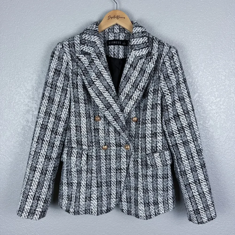 Lioness Catania Blazer Black White Tweed M Gold Preppy Academia Boss Babe